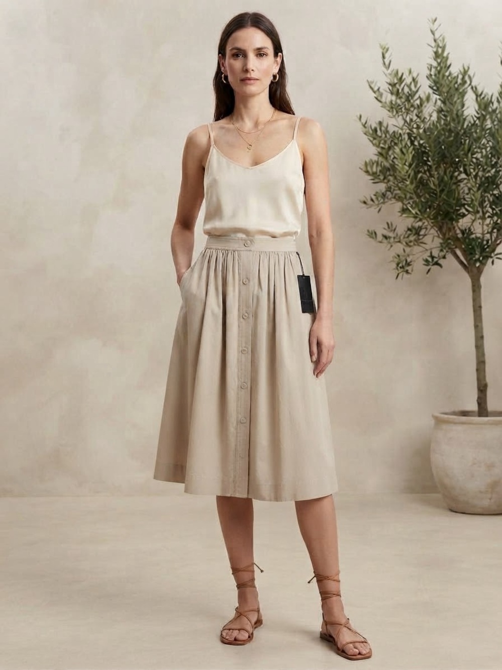 Zara Beige Button-Front Midi Skirt
